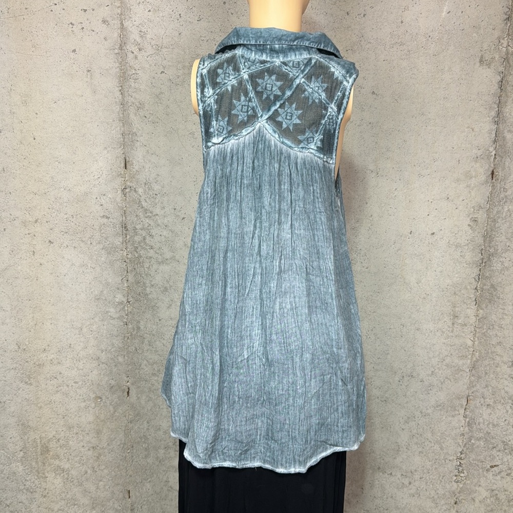 Free People Oversized Gauze Linen Flowy Collared Tank Top Washed Blue M - Picture 4 of 9